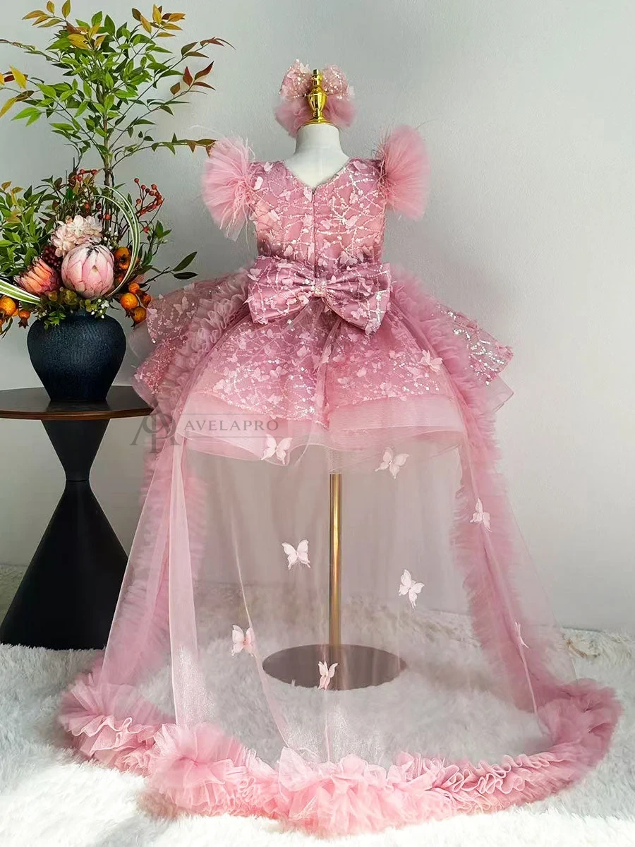 Butterfly Applique Flower Baby Girl Dress With Trailing