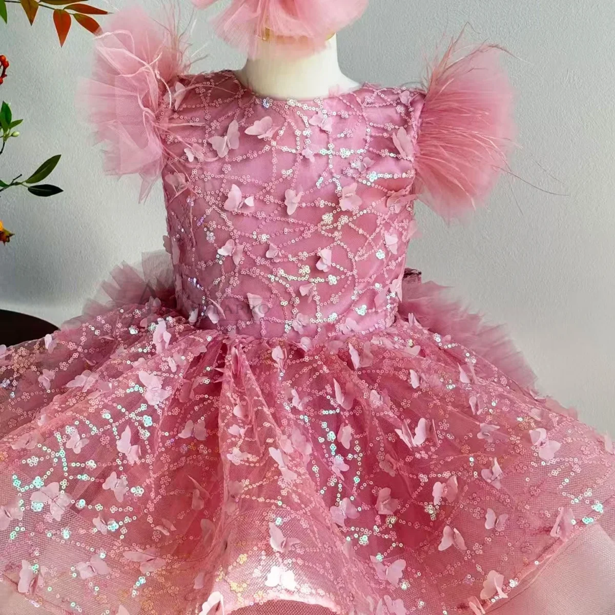 Butterfly Applique Flower Baby Girl Dress With Trailing