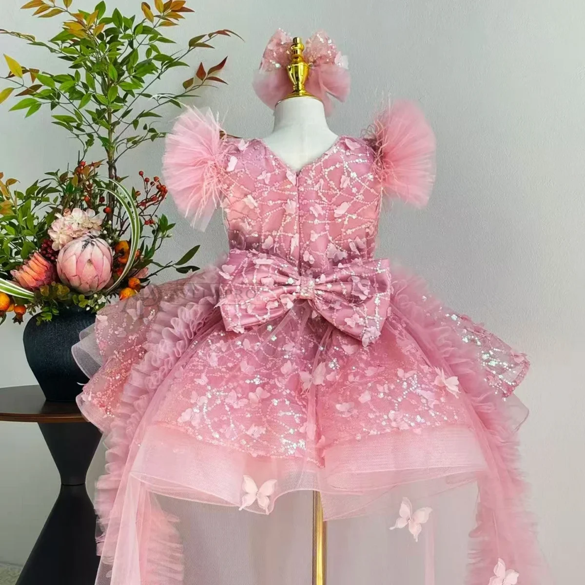 Butterfly Applique Flower Baby Girl Dress With Trailing