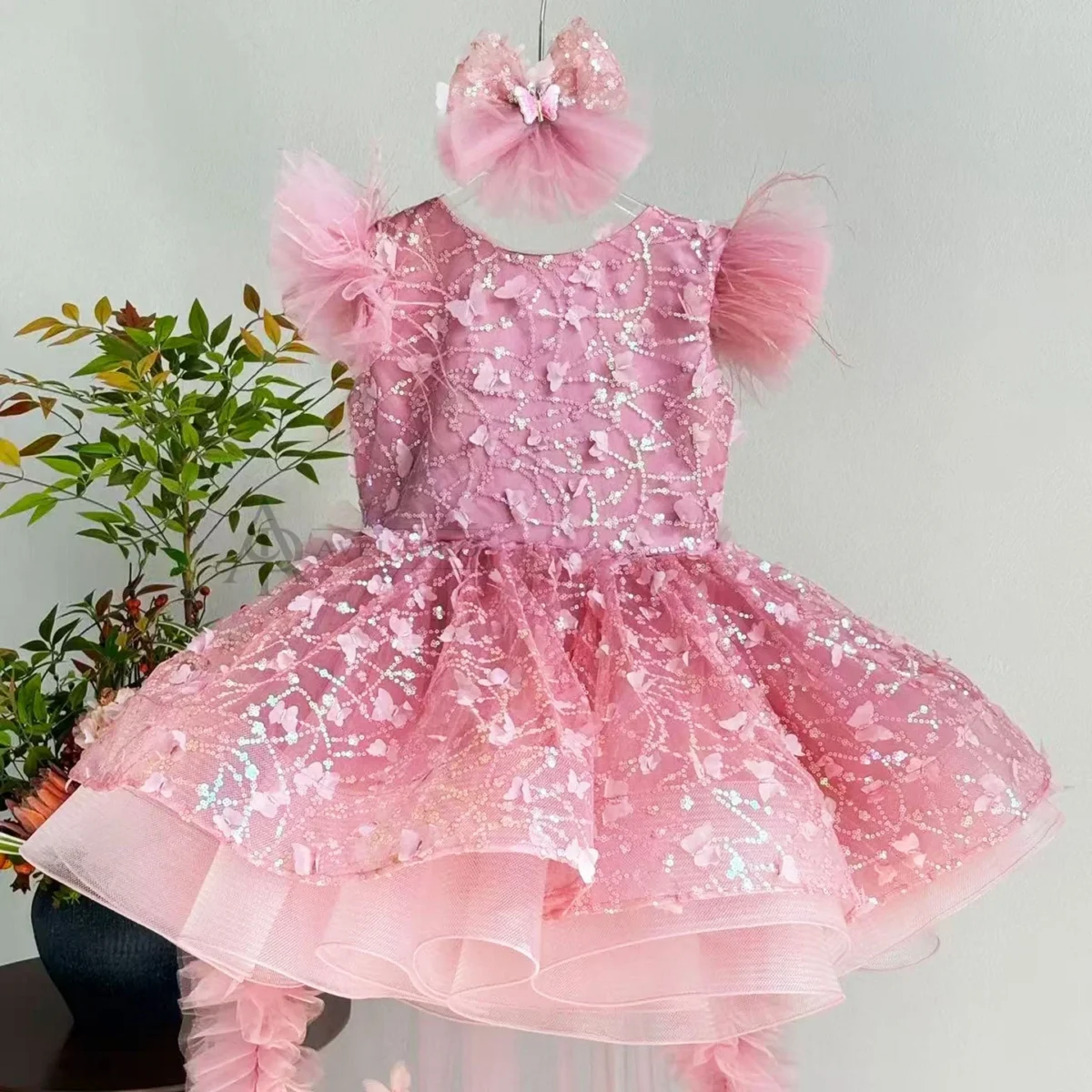 Butterfly Applique Flower Baby Girl Dress With Trailing