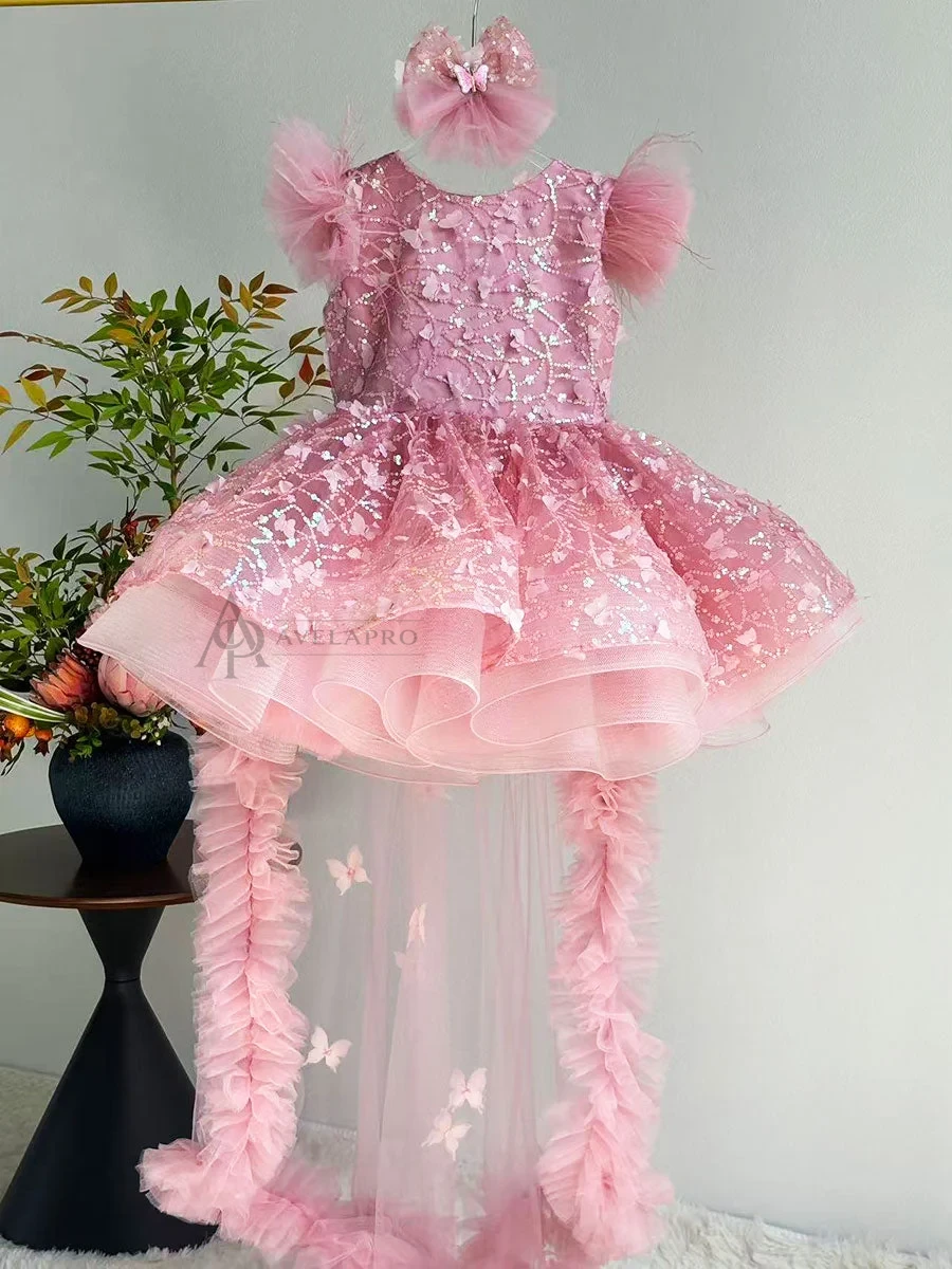 Butterfly Applique Flower Baby Girl Dress With Trailing
