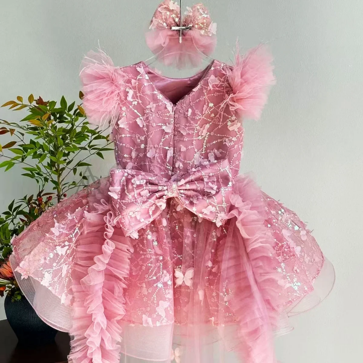 Butterfly Applique Flower Baby Girl Dress With Trailing