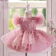 Butterfly Applique Flower Baby Girl Dress With Trailing