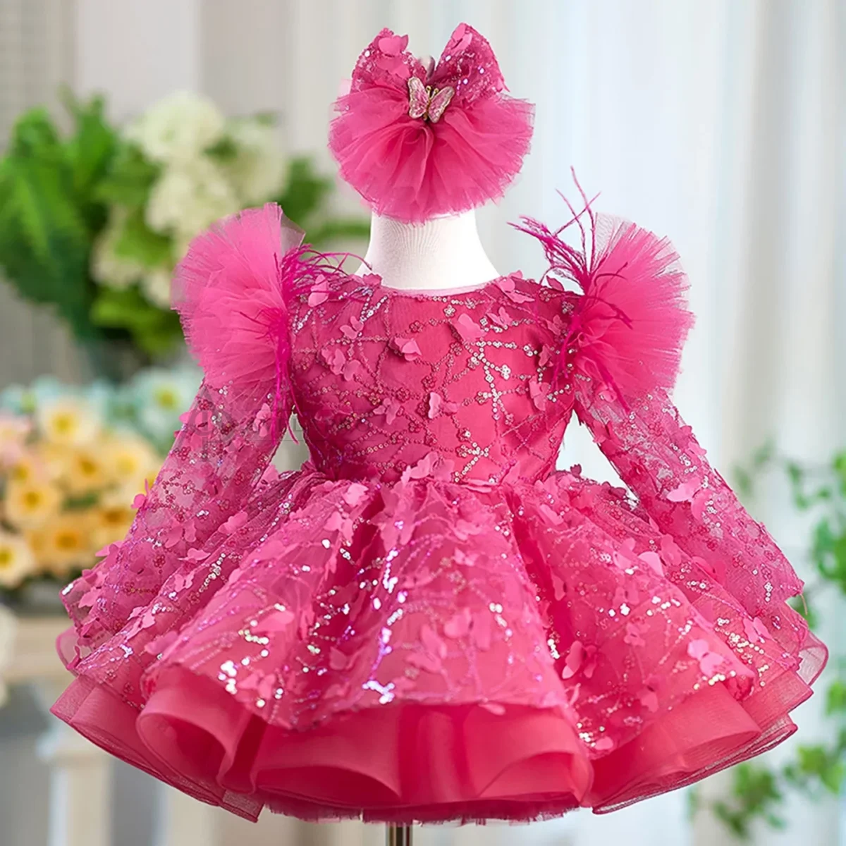 Butterfly Applique Flower Baby Girl Dress With Trailing