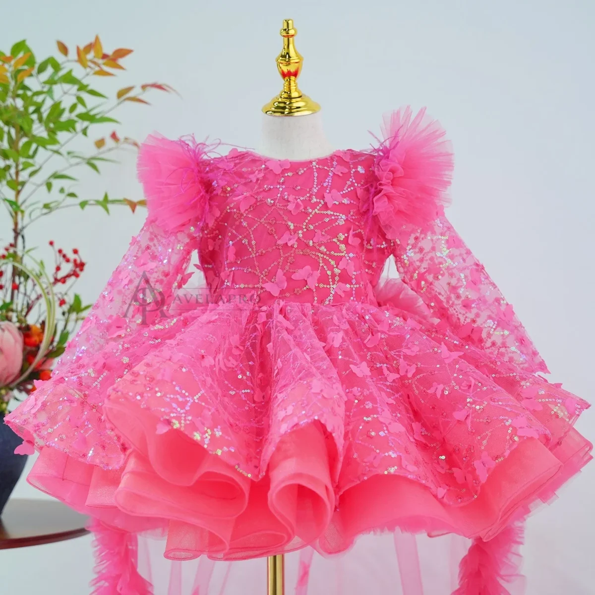 Butterfly Applique Flower Baby Girl Dress With Trailing