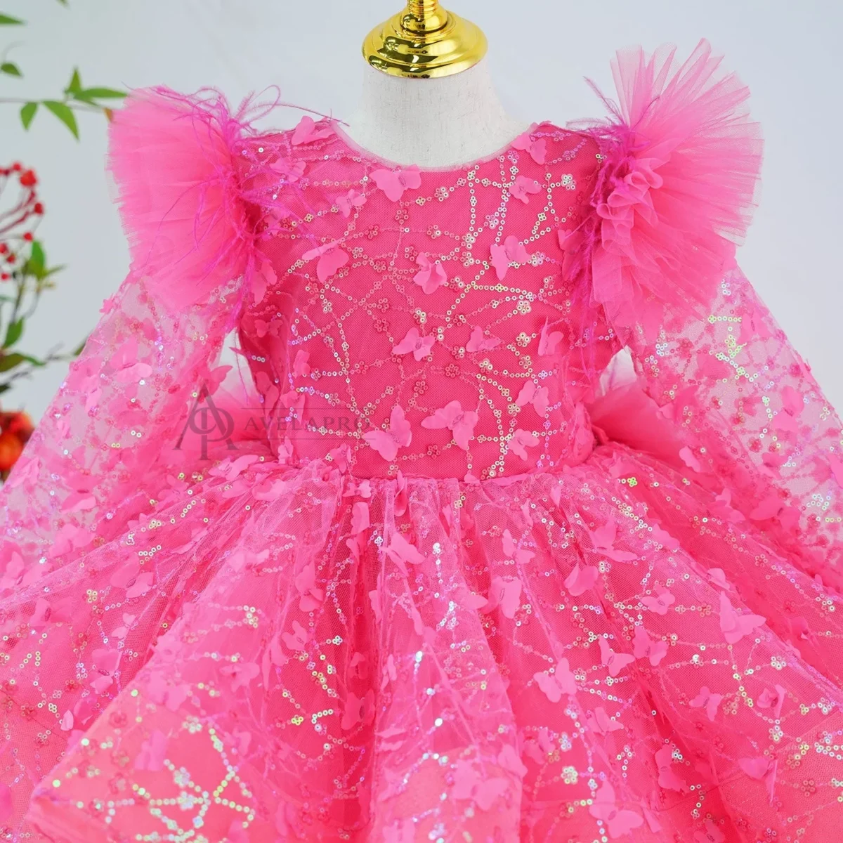 Butterfly Applique Flower Baby Girl Dress With Trailing