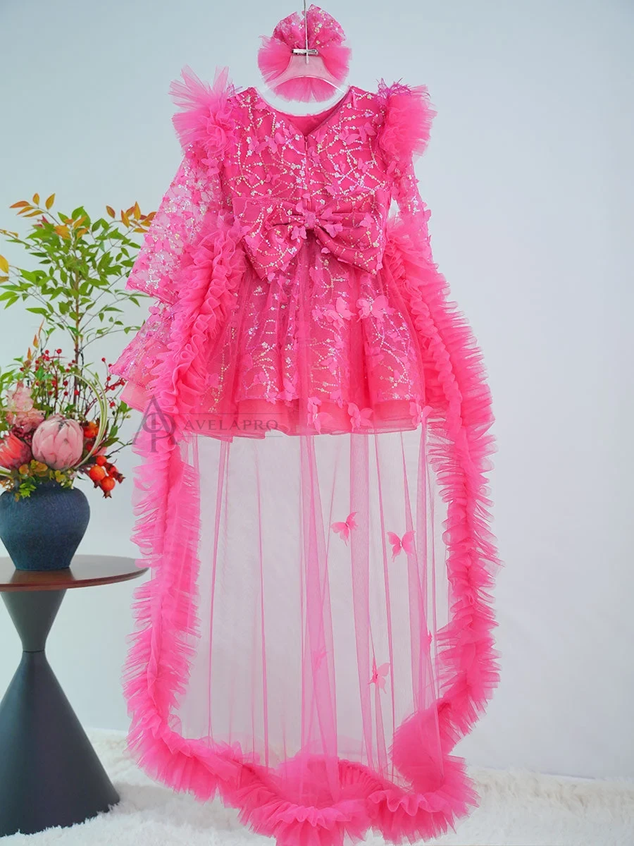 Butterfly Applique Flower Baby Girl Dress With Trailing