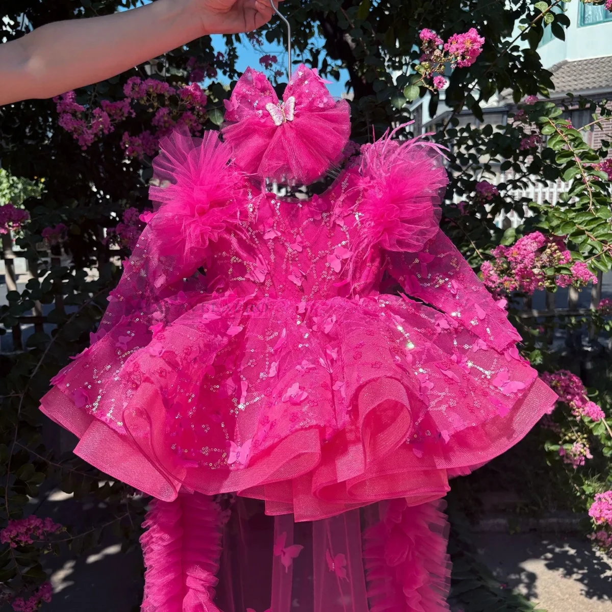 Butterfly Applique Flower Baby Girl Dress With Trailing