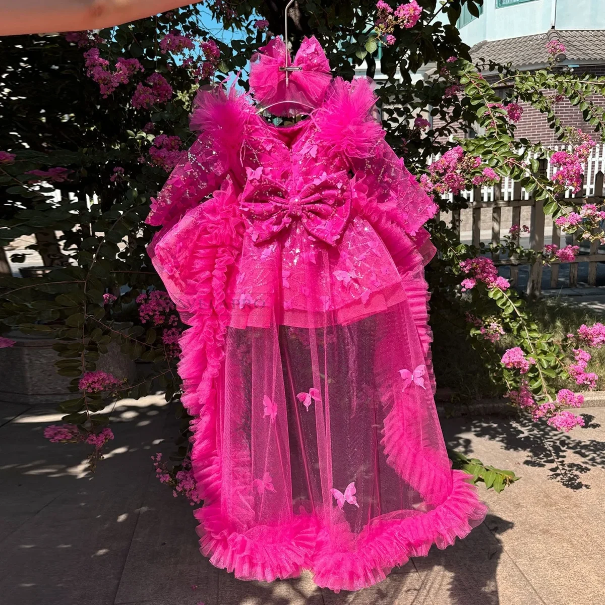 Butterfly Applique Flower Baby Girl Dress With Trailing