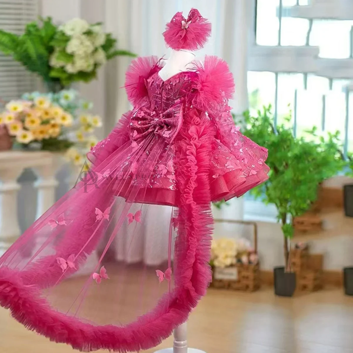 Butterfly Applique Flower Baby Girl Dress With Trailing