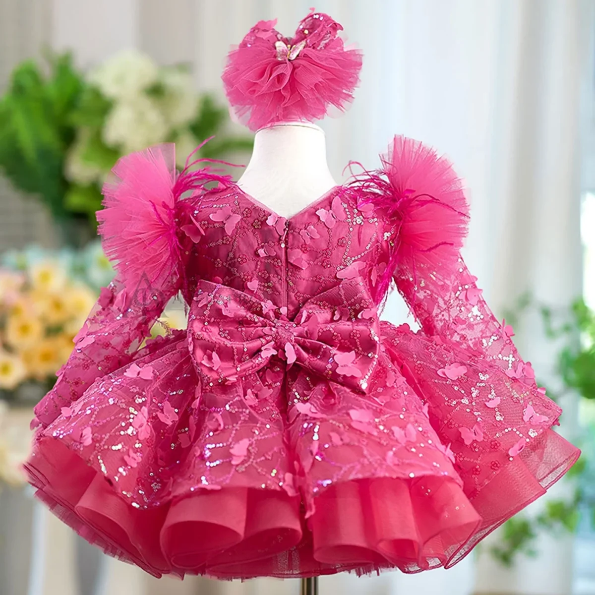 Butterfly Applique Flower Baby Girl Dress With Trailing