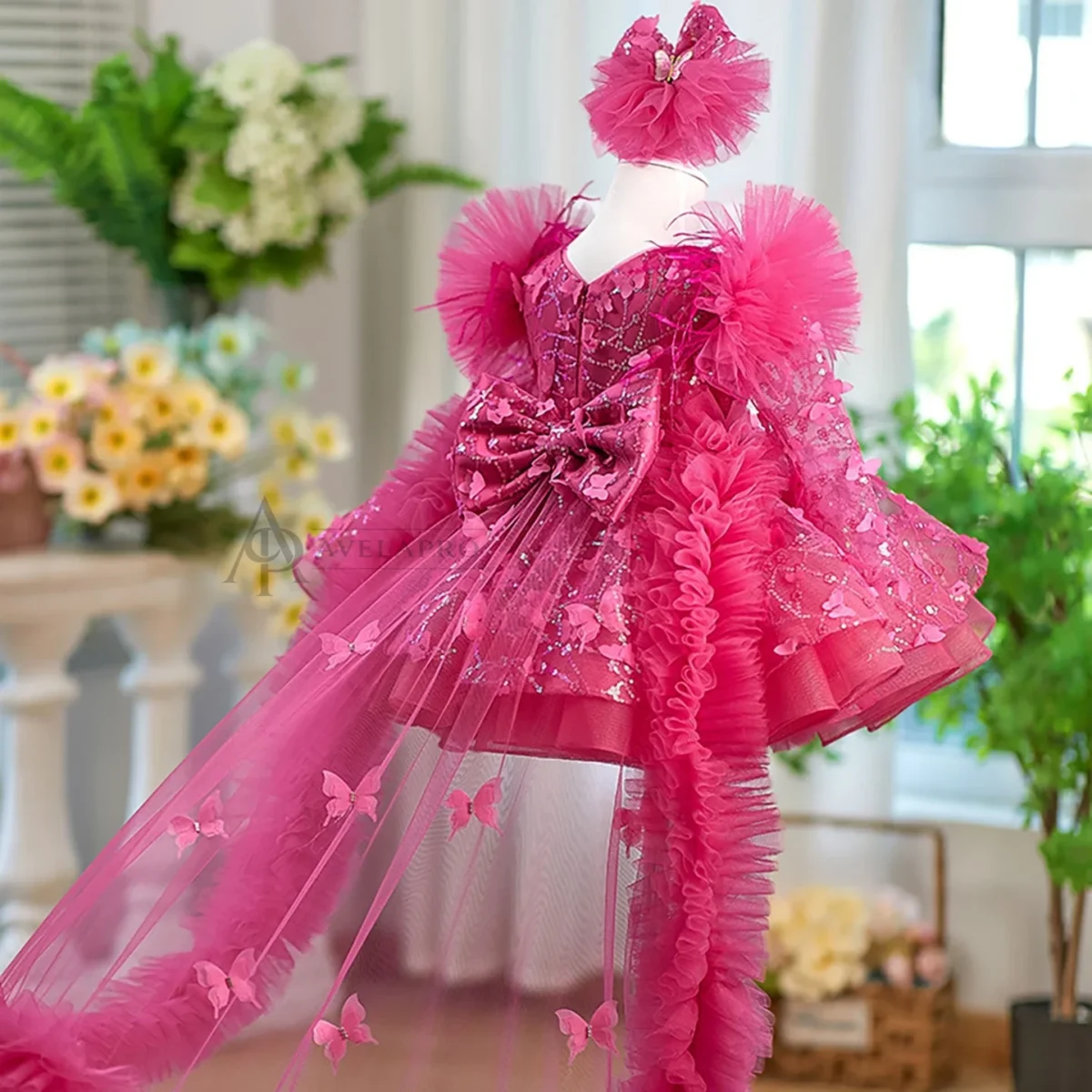 Butterfly Applique Flower Baby Girl Dress With Trailing