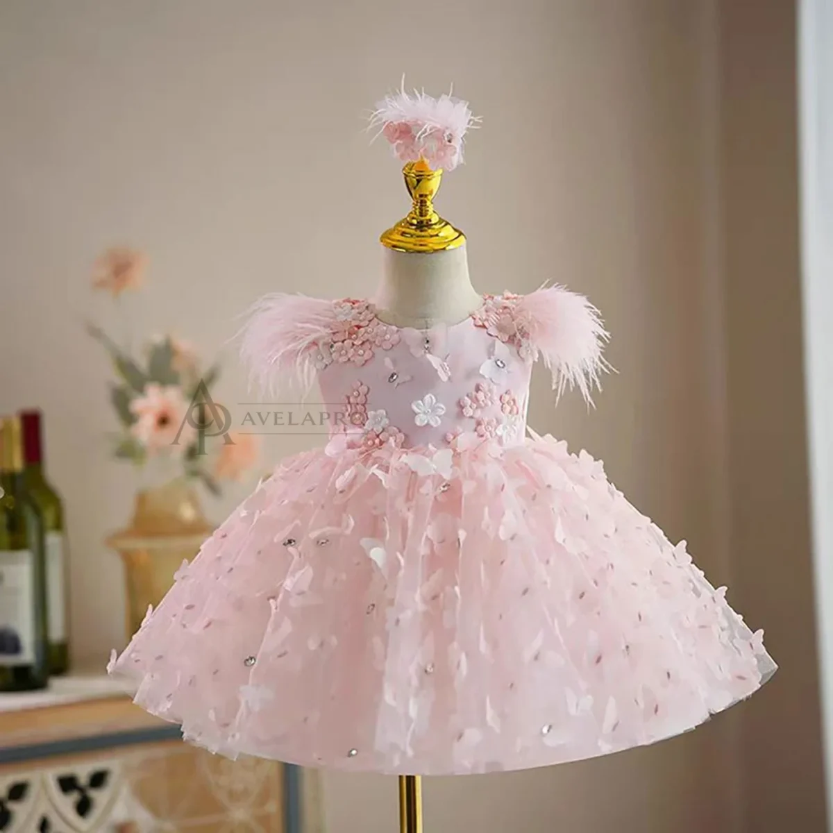 Butterfly Applique Sleeveless Feathers Flower Girl Dress
