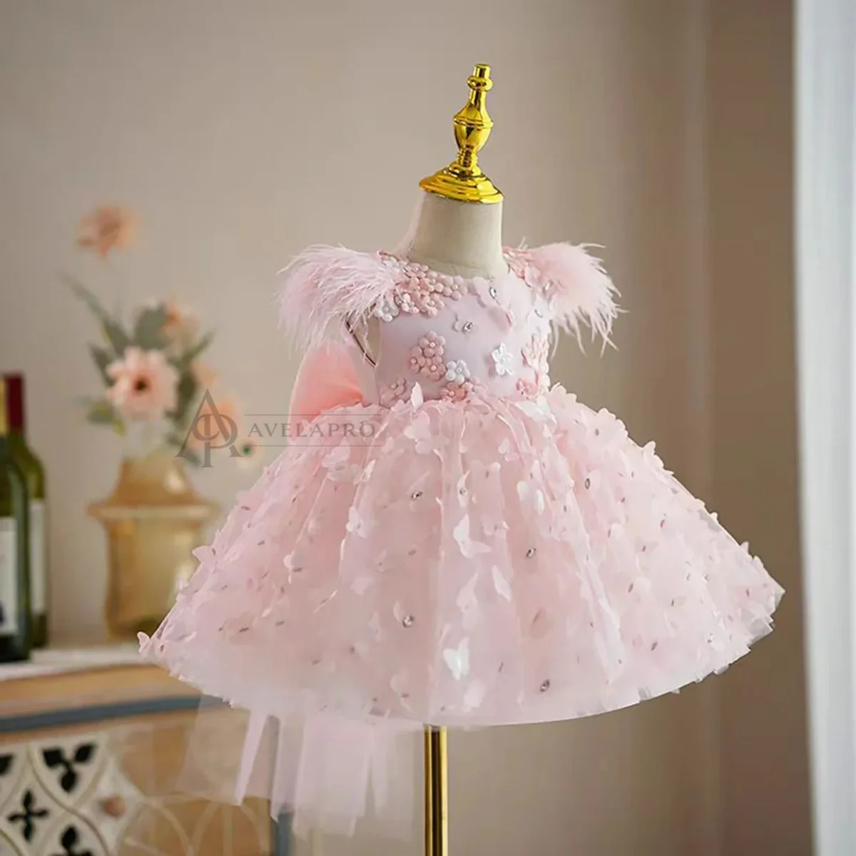 Butterfly Applique Sleeveless Feathers Flower Girl Dress