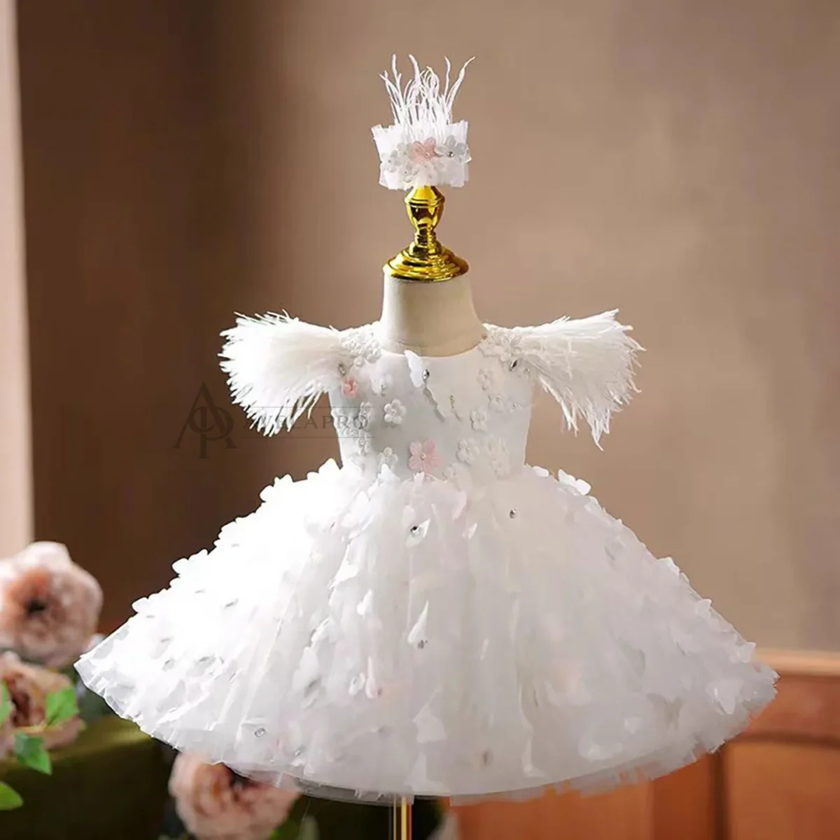 Butterfly Applique Sleeveless Feathers Flower Girl Dress