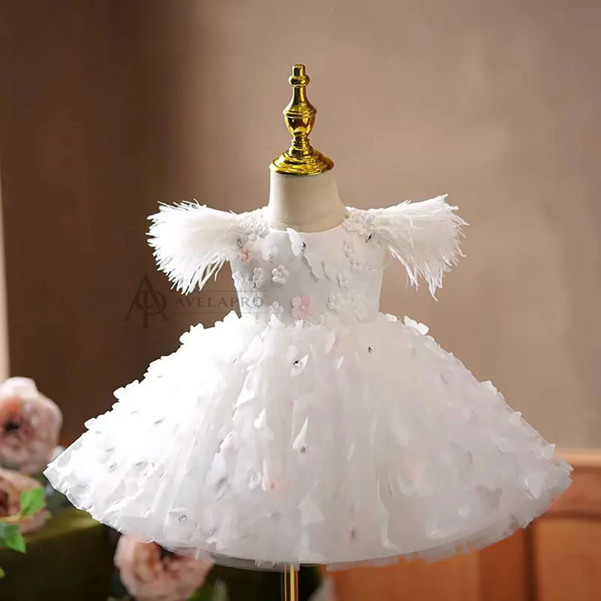 Butterfly Applique Sleeveless Feathers Flower Girl Dress