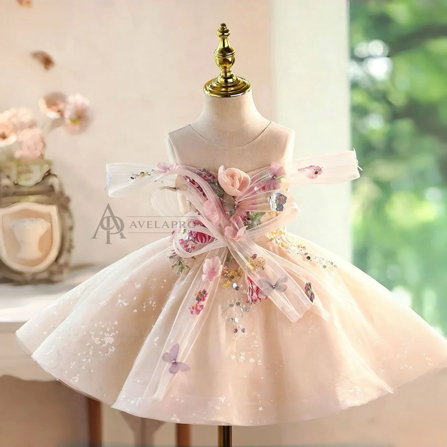 Champagne Flower Girl Dress for Girls Butterfly Applique Tulle Party Dress for Party
