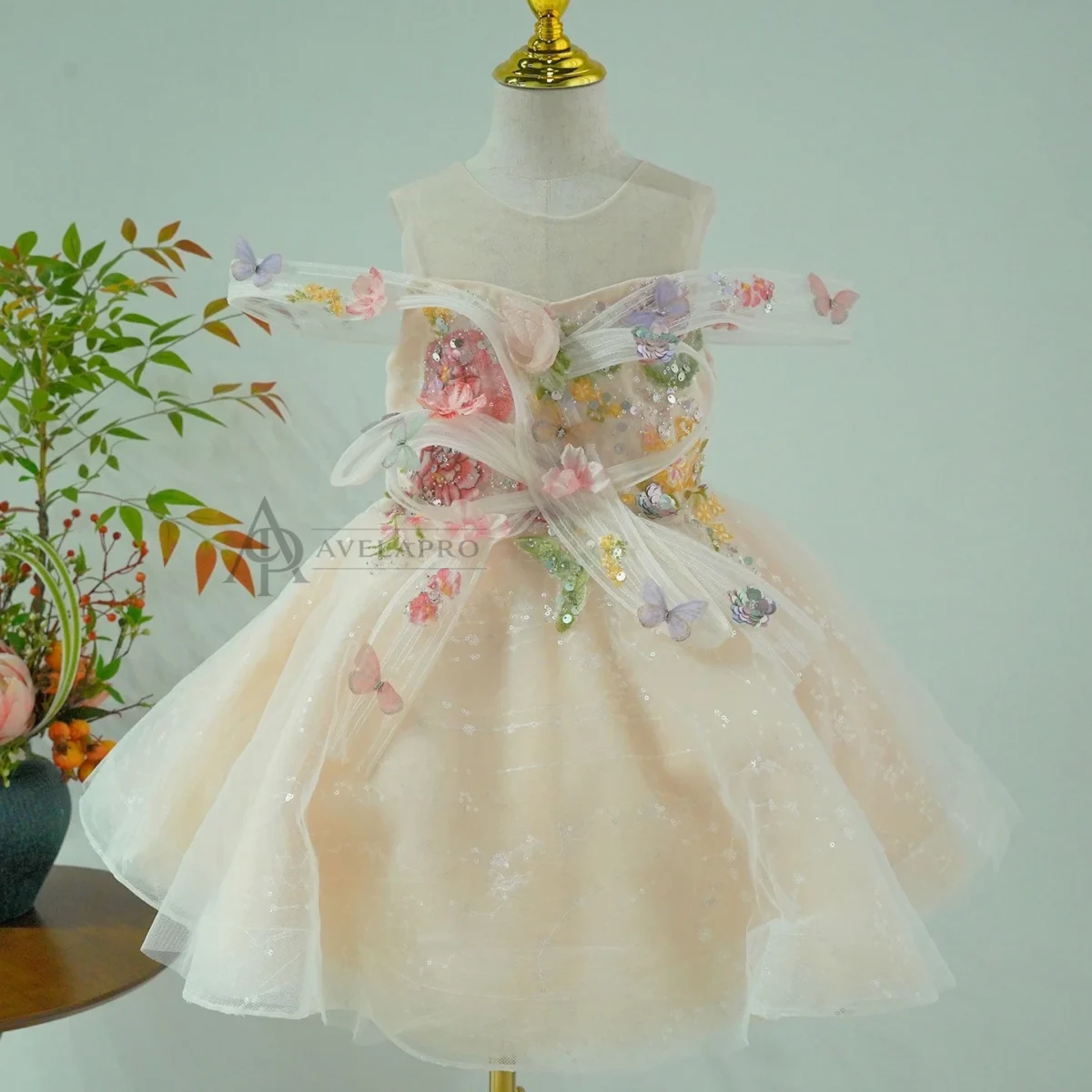 Champagne Flower Girl Dress for Girls Butterfly Applique Tulle Party Dress for Party