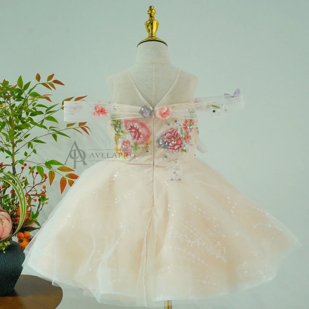 Champagne Flower Girl Dress for Girls Butterfly Applique Tulle Party Dress for Party