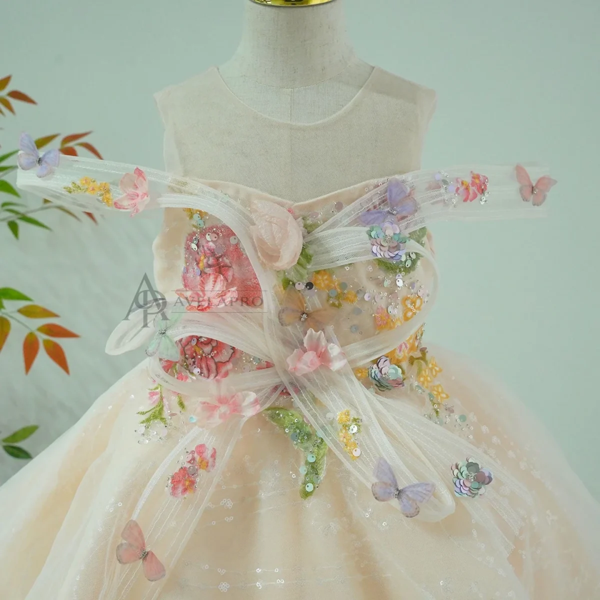 Champagne Flower Girl Dress for Girls Butterfly Applique Tulle Party Dress for Party