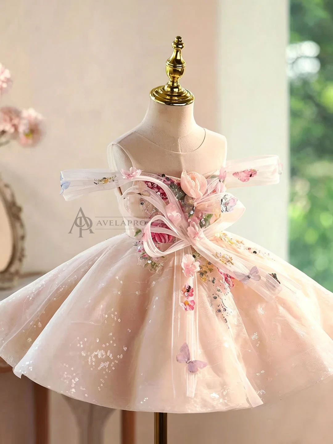 Champagne Flower Girl Dress for Girls Butterfly Applique Tulle Party Dress for Party