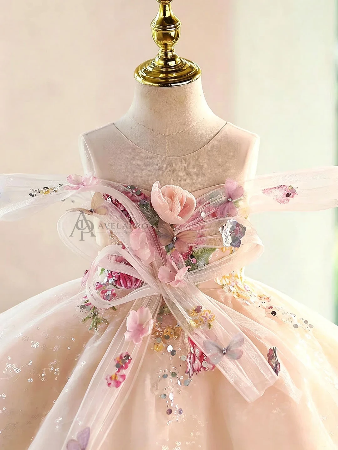Champagne Flower Girl Dress for Girls Butterfly Applique Tulle Party Dress for Party