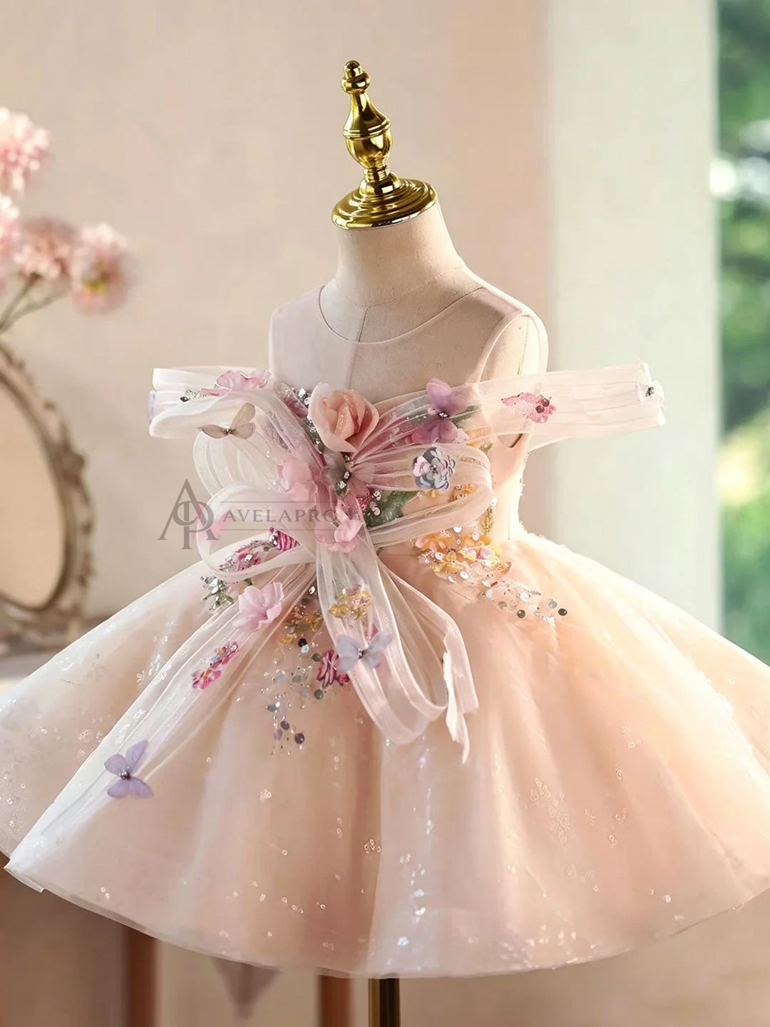 Champagne Flower Girl Dress for Girls Butterfly Applique Tulle Party Dress for Party