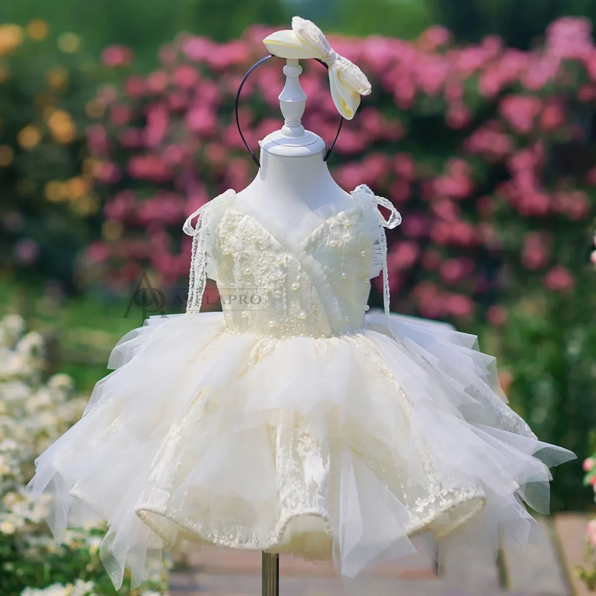 Champagne Flower Girl Dress for Girls Floral Embroidery Tulle Ball Gown for Wedding