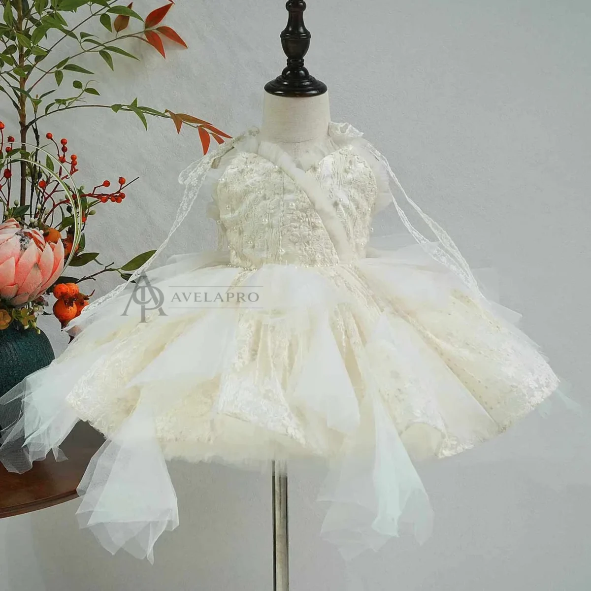 Champagne Flower Girl Dress for Girls Floral Embroidery Tulle Ball Gown for Wedding