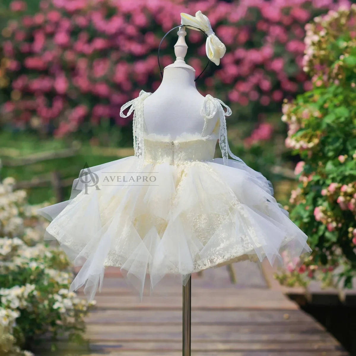 Champagne Flower Girl Dress for Girls Floral Embroidery Tulle Ball Gown for Wedding