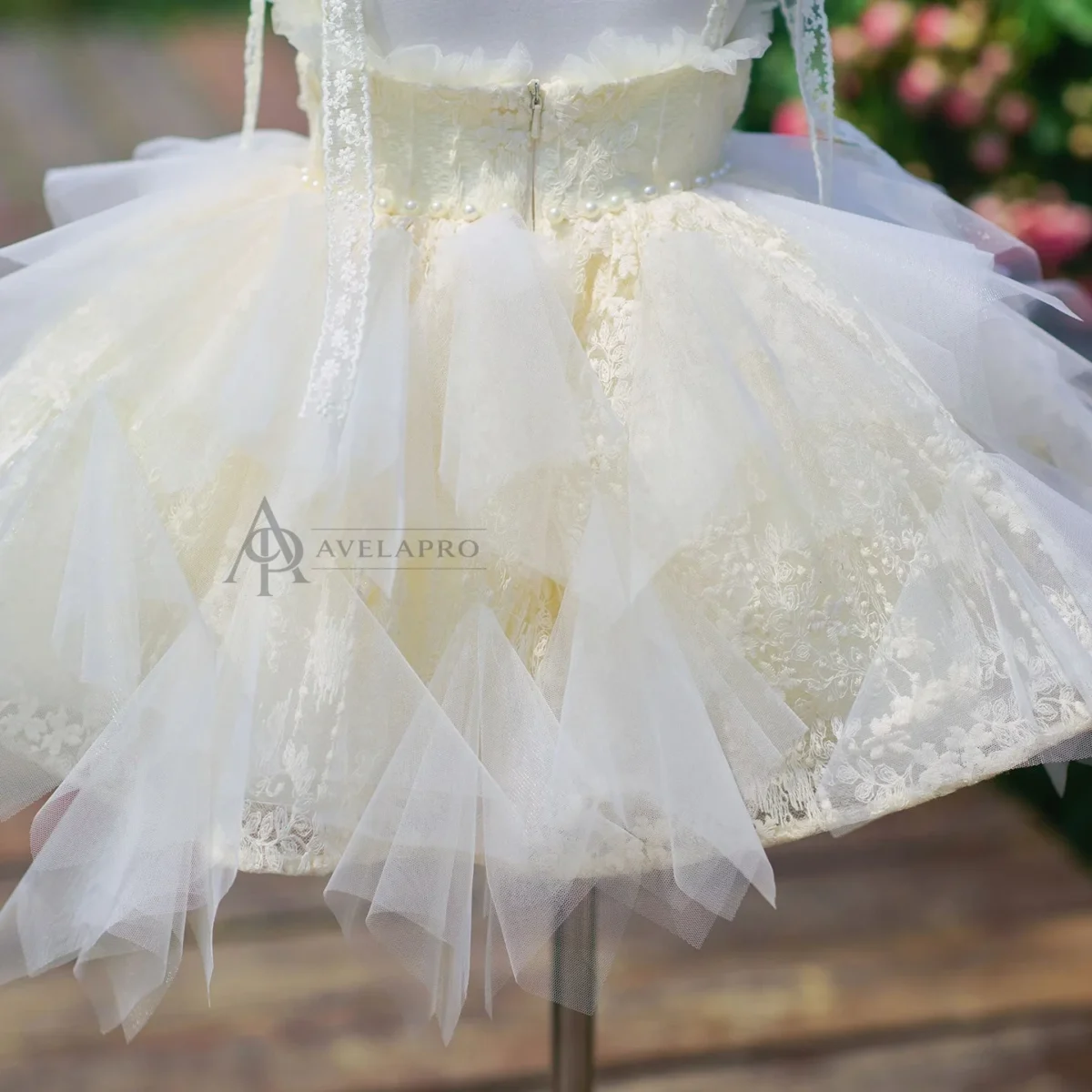 Champagne Flower Girl Dress for Girls Floral Embroidery Tulle Ball Gown for Wedding