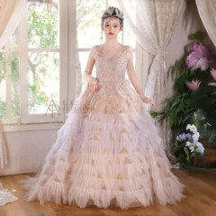 Champagne Flower Girl Dress for Girls Sequin Ruffled Tulle Ball Gown for Wedding