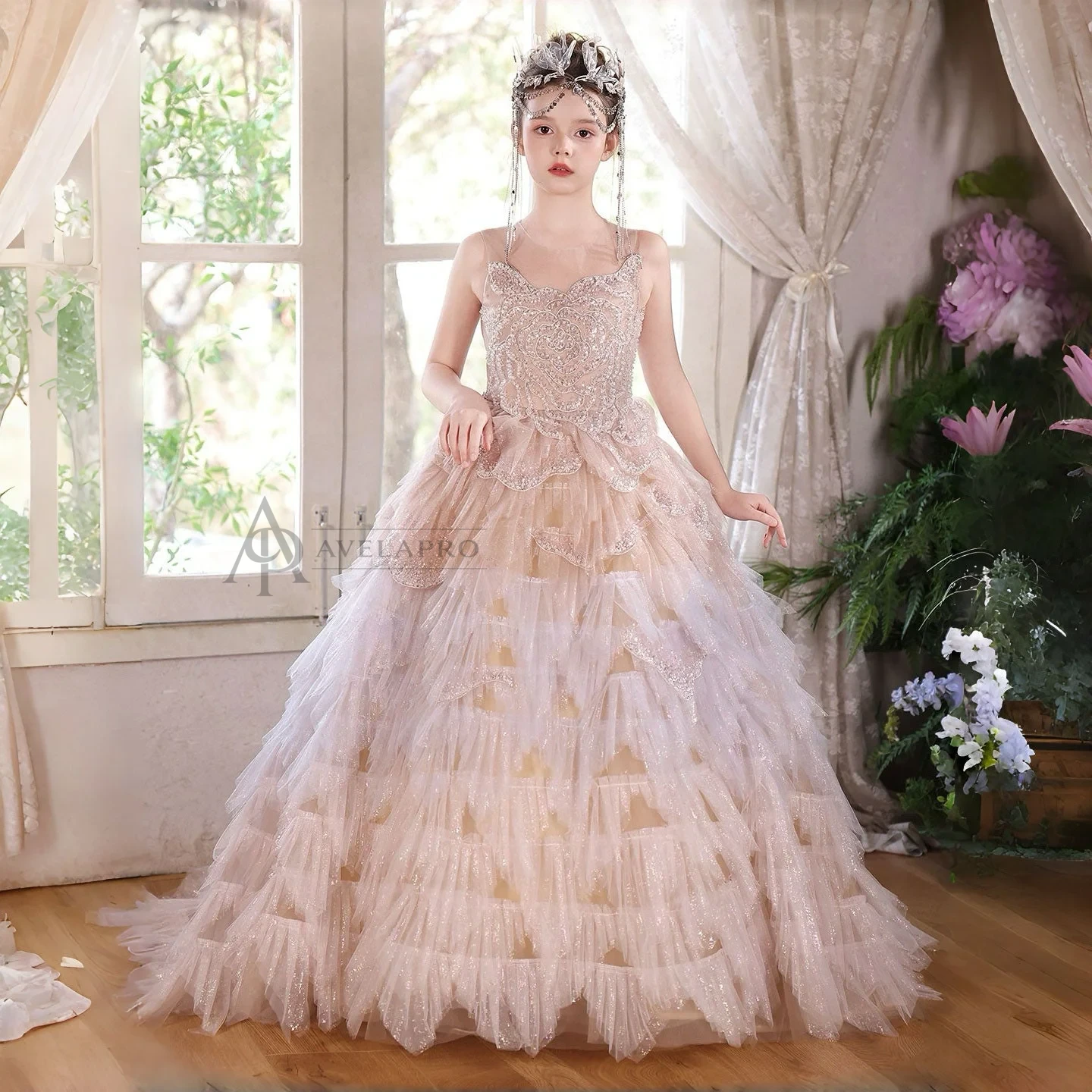 Champagne Flower Girl Dress for Girls Sequin Ruffled Tulle Ball Gown for Wedding