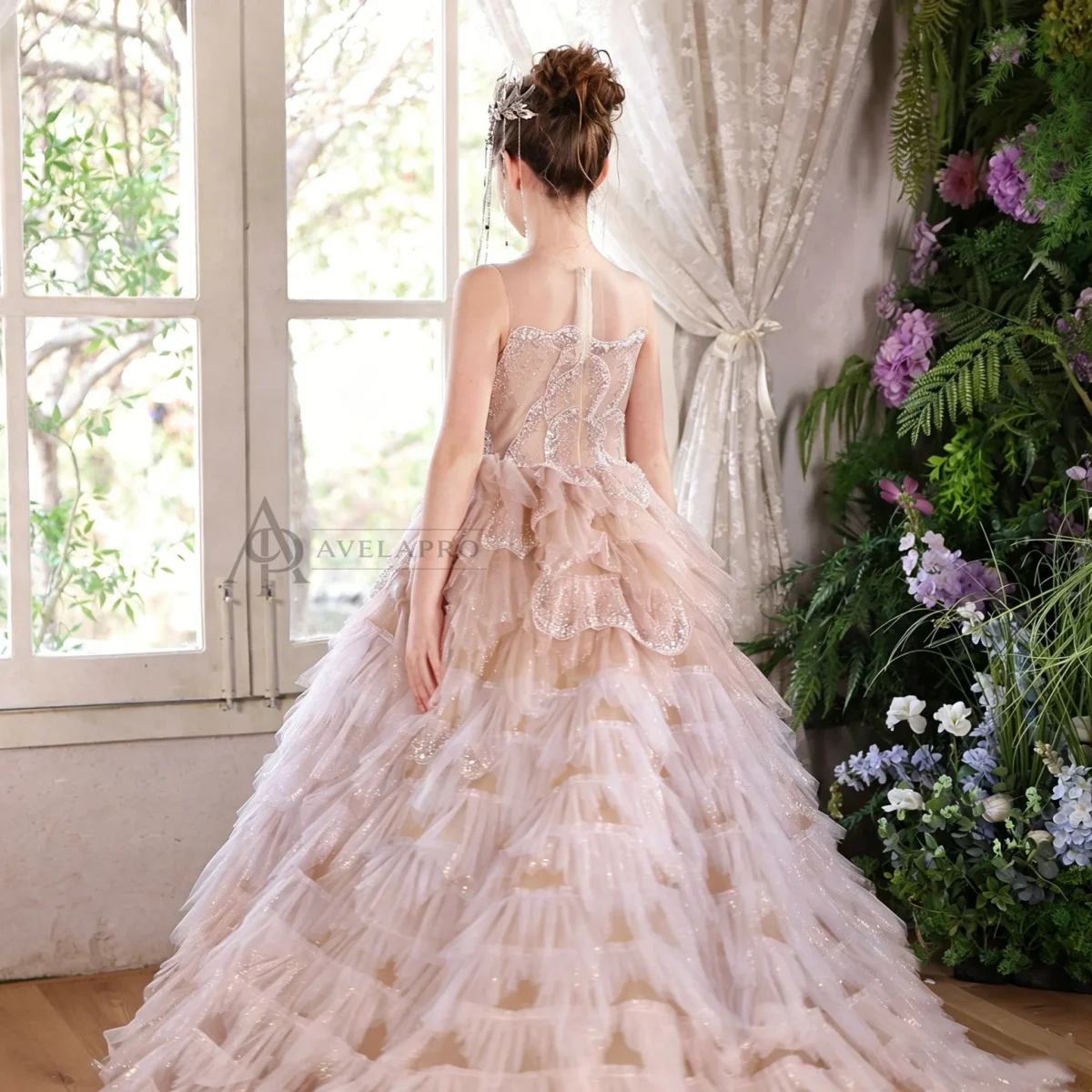 Champagne Flower Girl Dress for Girls Sequin Ruffled Tulle Ball Gown for Wedding