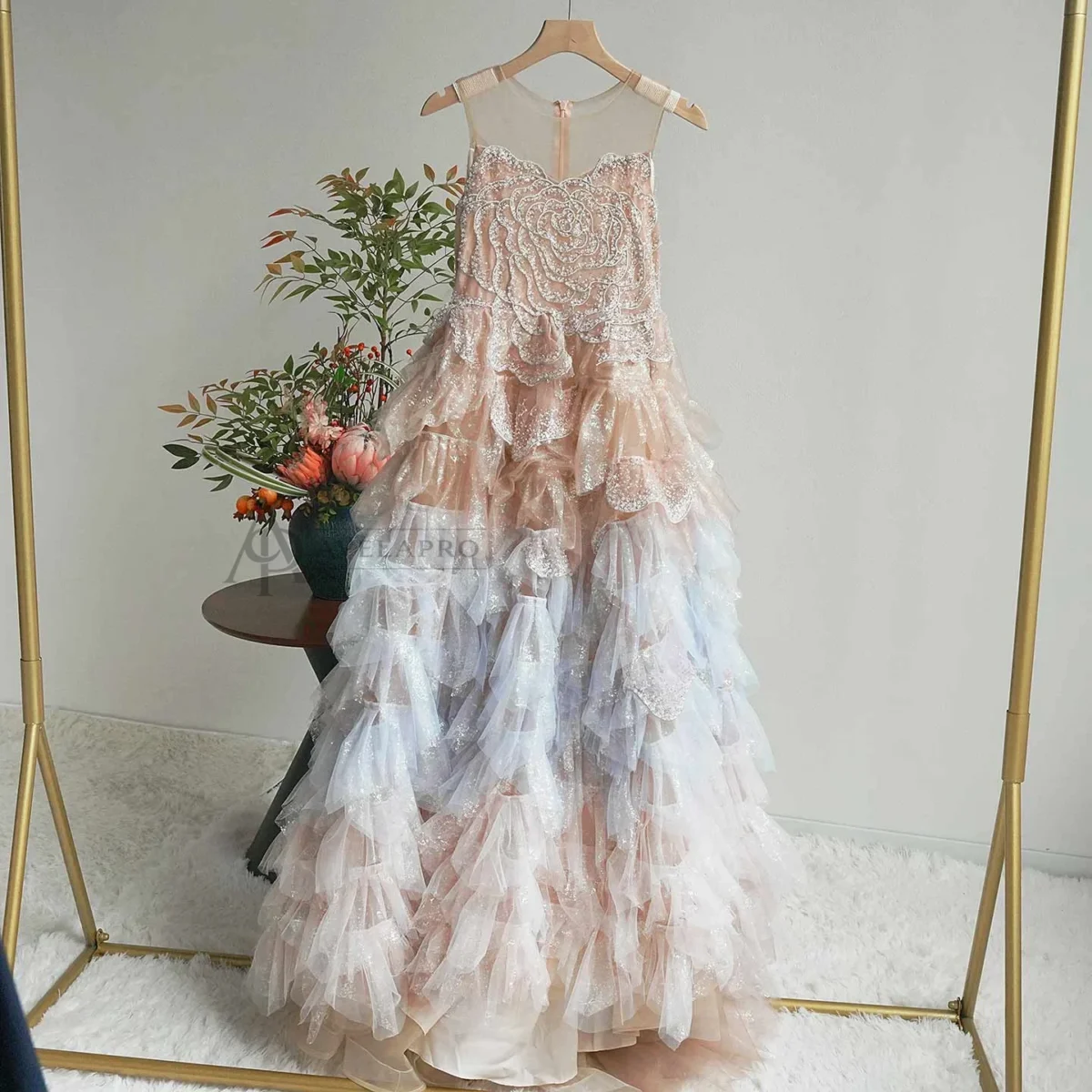 Champagne Flower Girl Dress for Girls Sequin Ruffled Tulle Ball Gown for Wedding