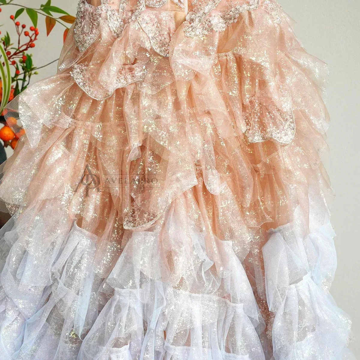 Champagne Flower Girl Dress for Girls Sequin Ruffled Tulle Ball Gown for Wedding