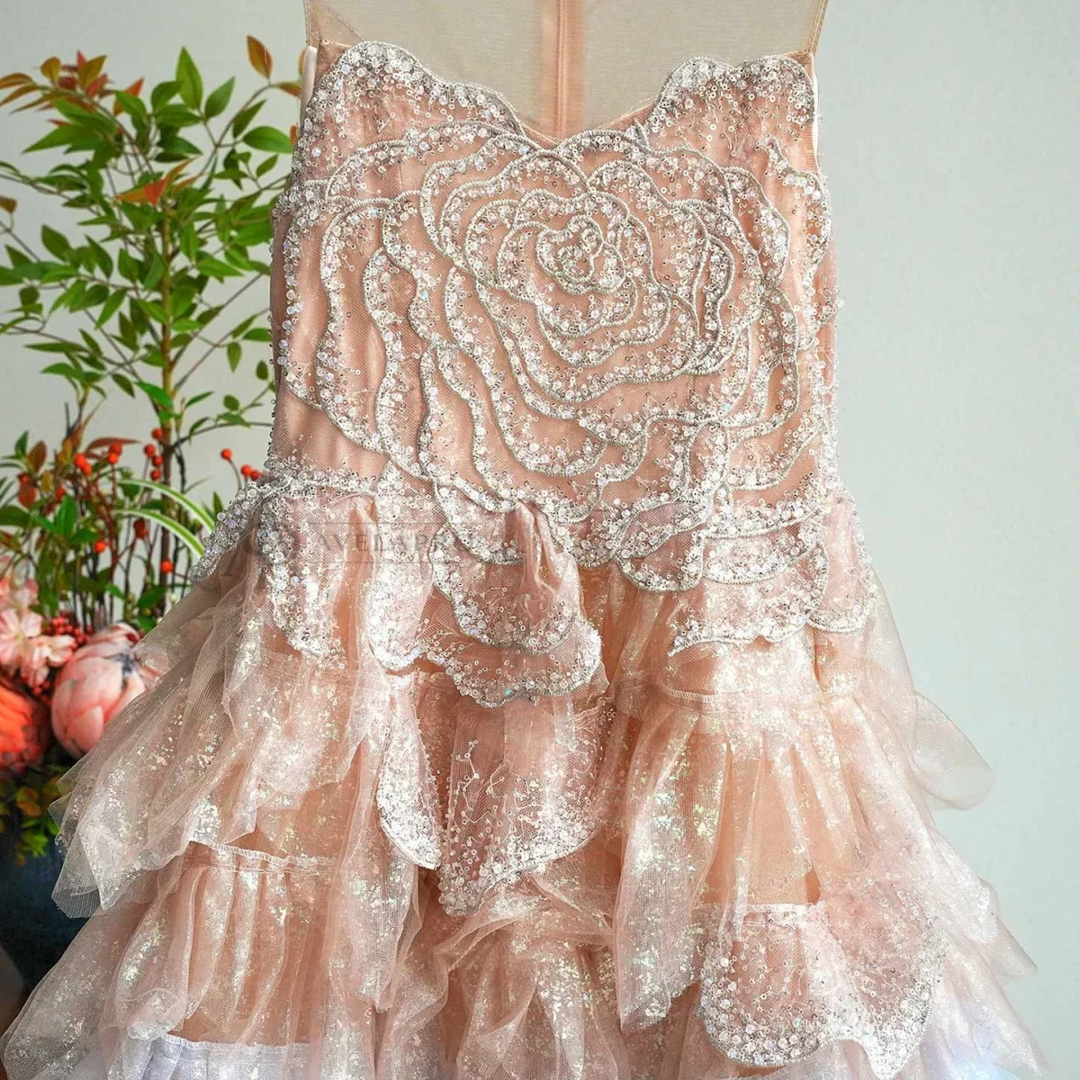 Champagne Flower Girl Dress for Girls Sequin Ruffled Tulle Ball Gown for Wedding