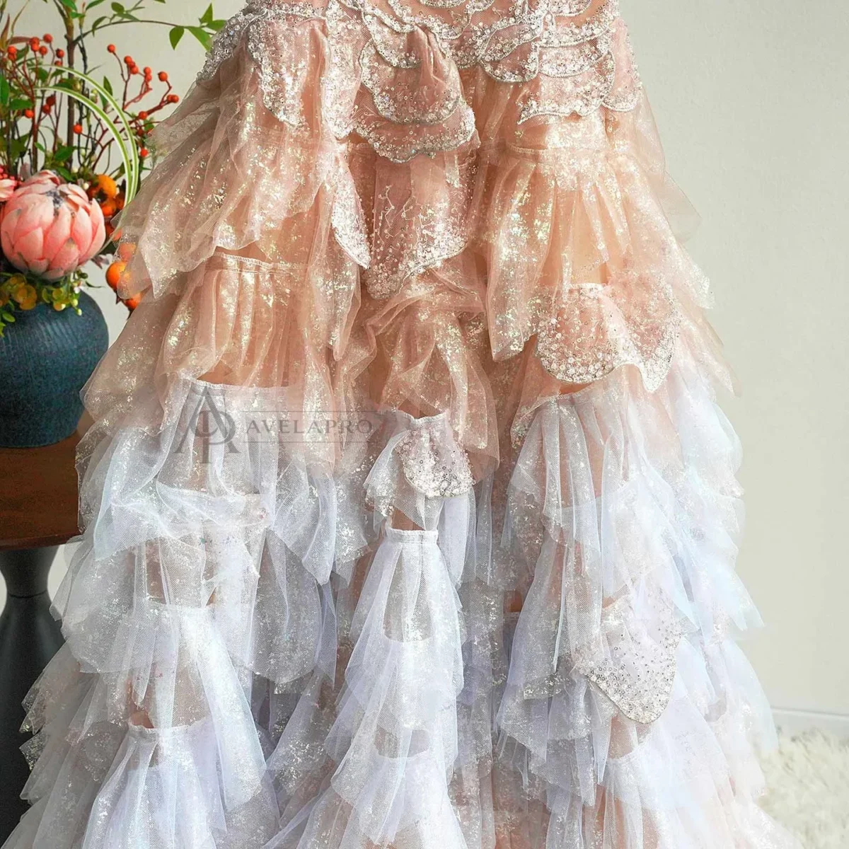 Champagne Flower Girl Dress for Girls Sequin Ruffled Tulle Ball Gown for Wedding
