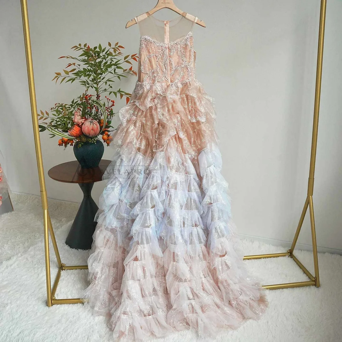 Champagne Flower Girl Dress for Girls Sequin Ruffled Tulle Ball Gown for Wedding