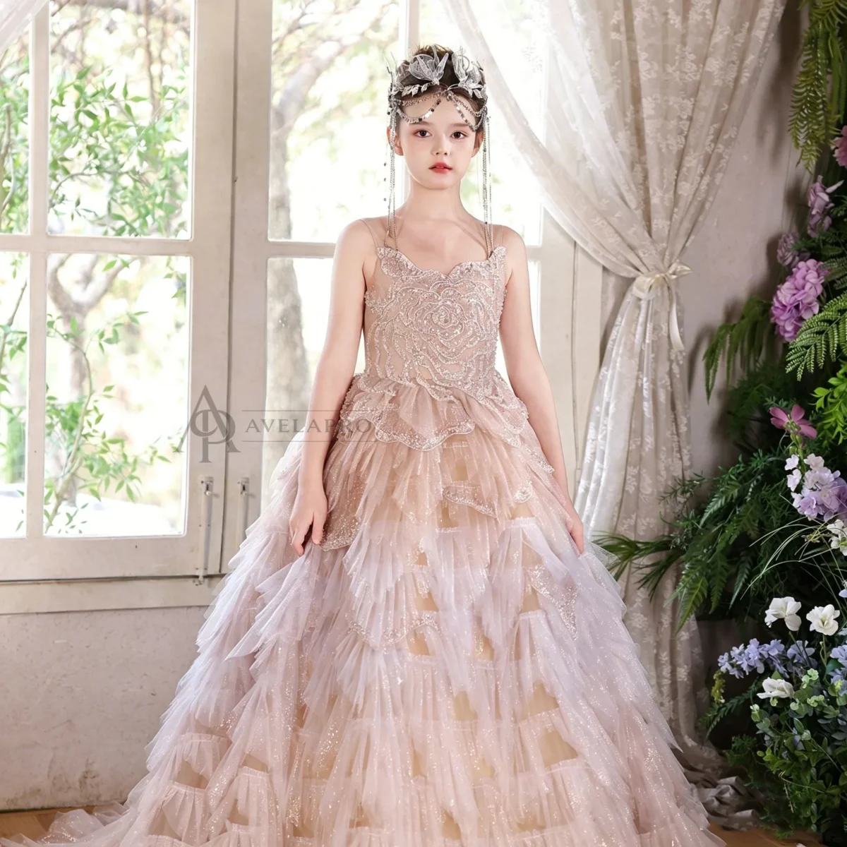 Champagne Flower Girl Dress for Girls Sequin Ruffled Tulle Ball Gown for Wedding