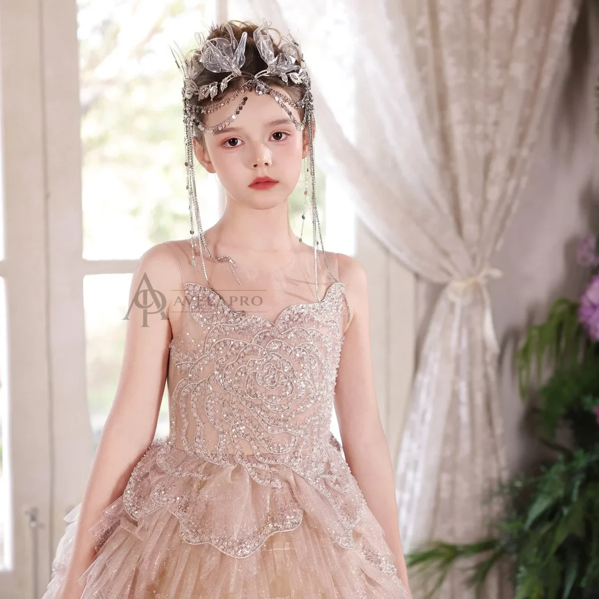 Champagne Flower Girl Dress for Girls Sequin Ruffled Tulle Ball Gown for Wedding