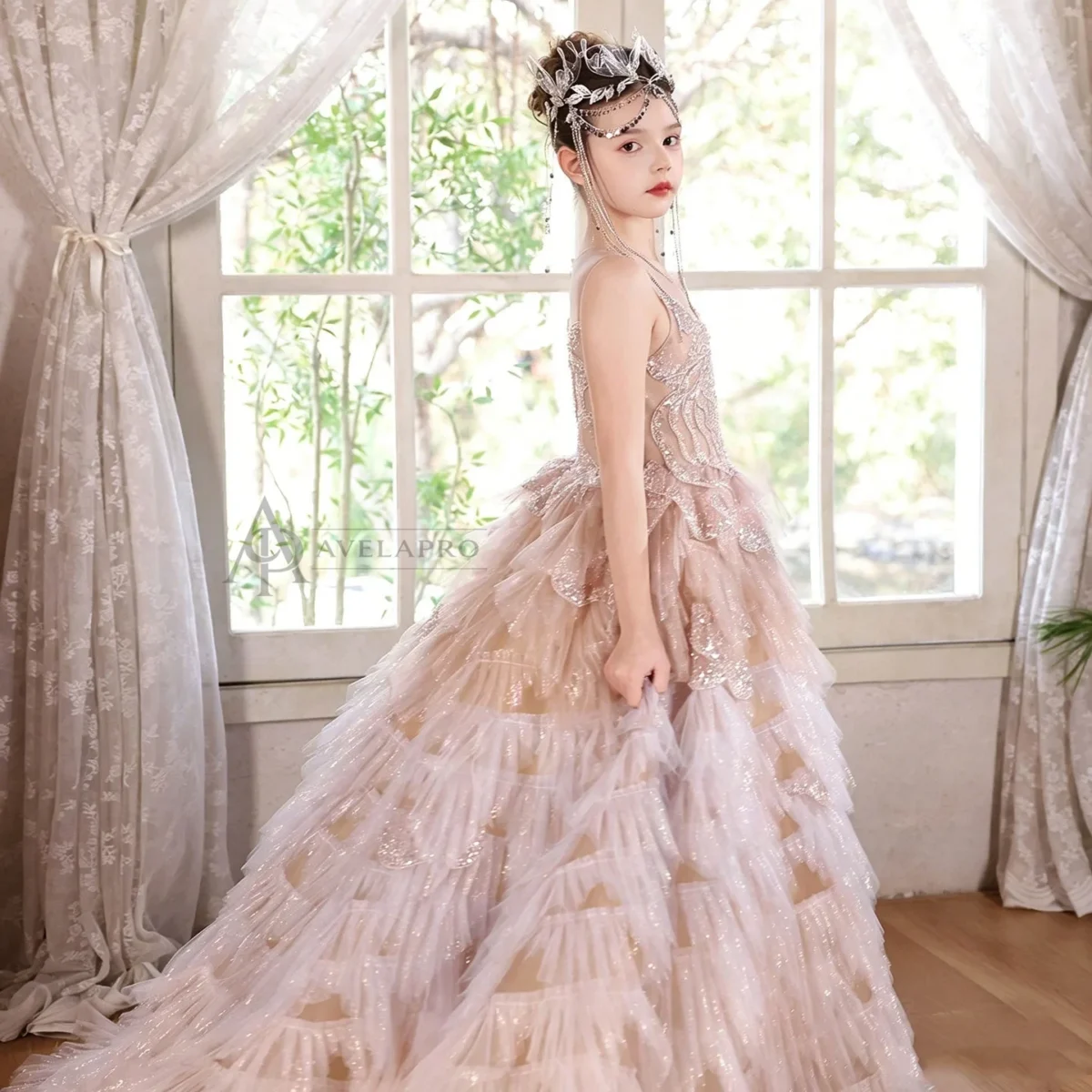 Champagne Flower Girl Dress for Girls Sequin Ruffled Tulle Ball Gown for Wedding