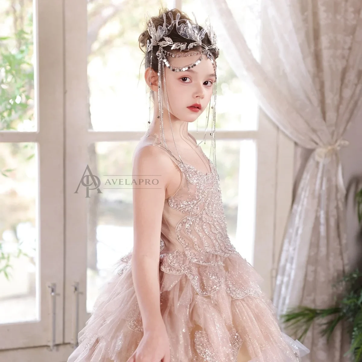Champagne Flower Girl Dress for Girls Sequin Ruffled Tulle Ball Gown for Wedding