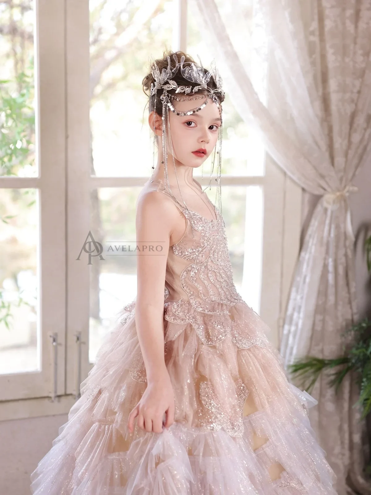 Champagne Flower Girl Dress for Girls Sequin Ruffled Tulle Ball Gown for Wedding