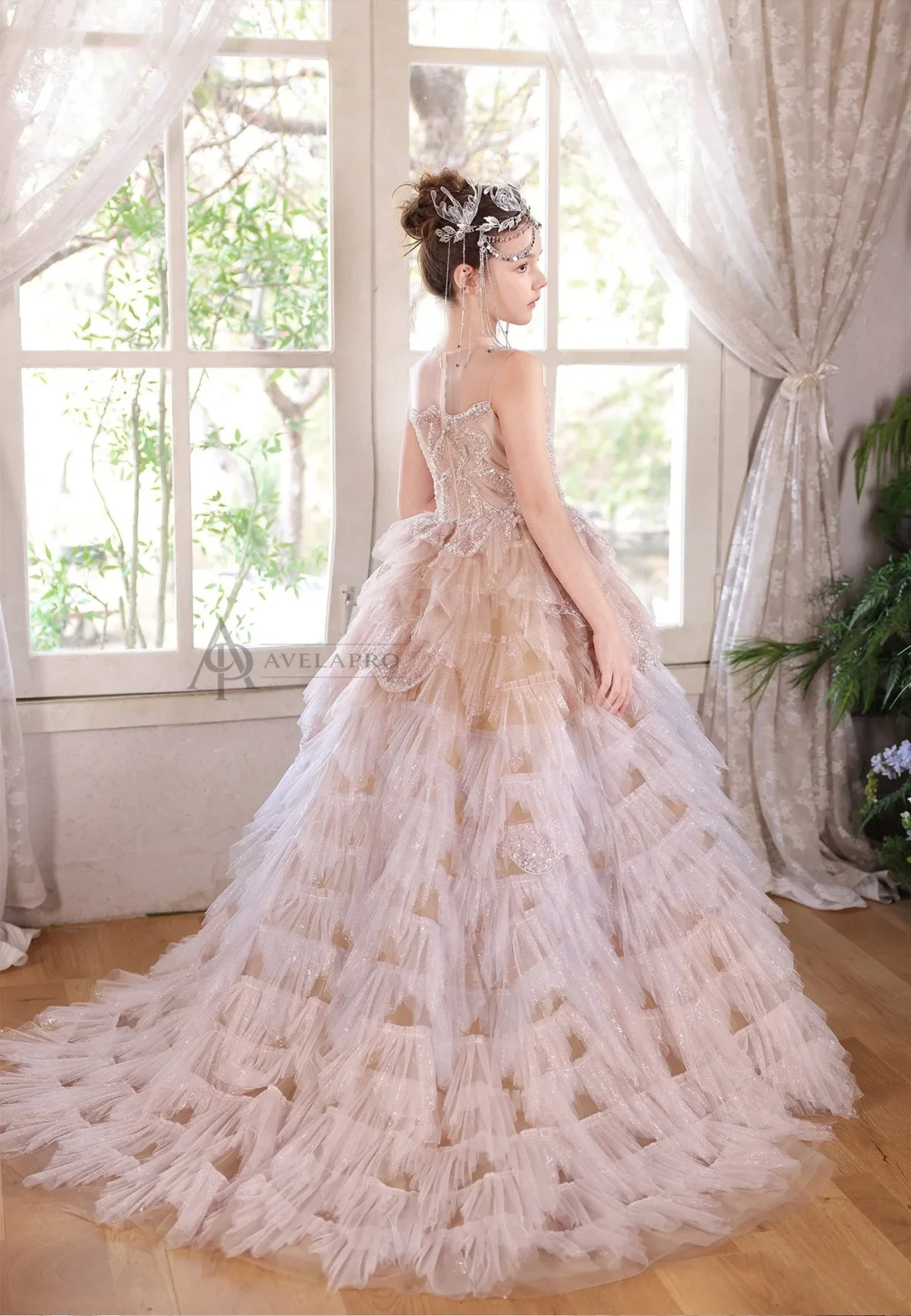 Champagne Flower Girl Dress for Girls Sequin Ruffled Tulle Ball Gown for Wedding