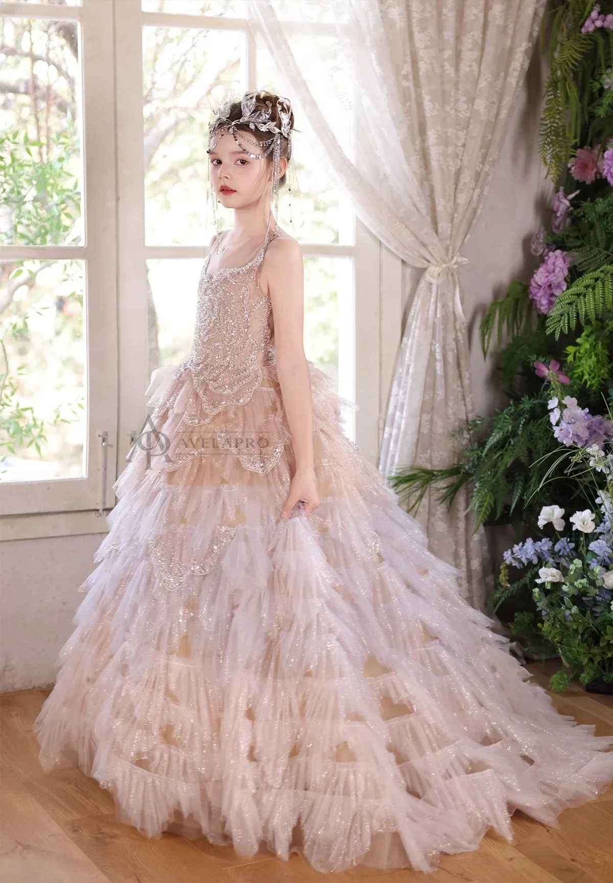 Champagne Flower Girl Dress for Girls Sequin Ruffled Tulle Ball Gown for Wedding