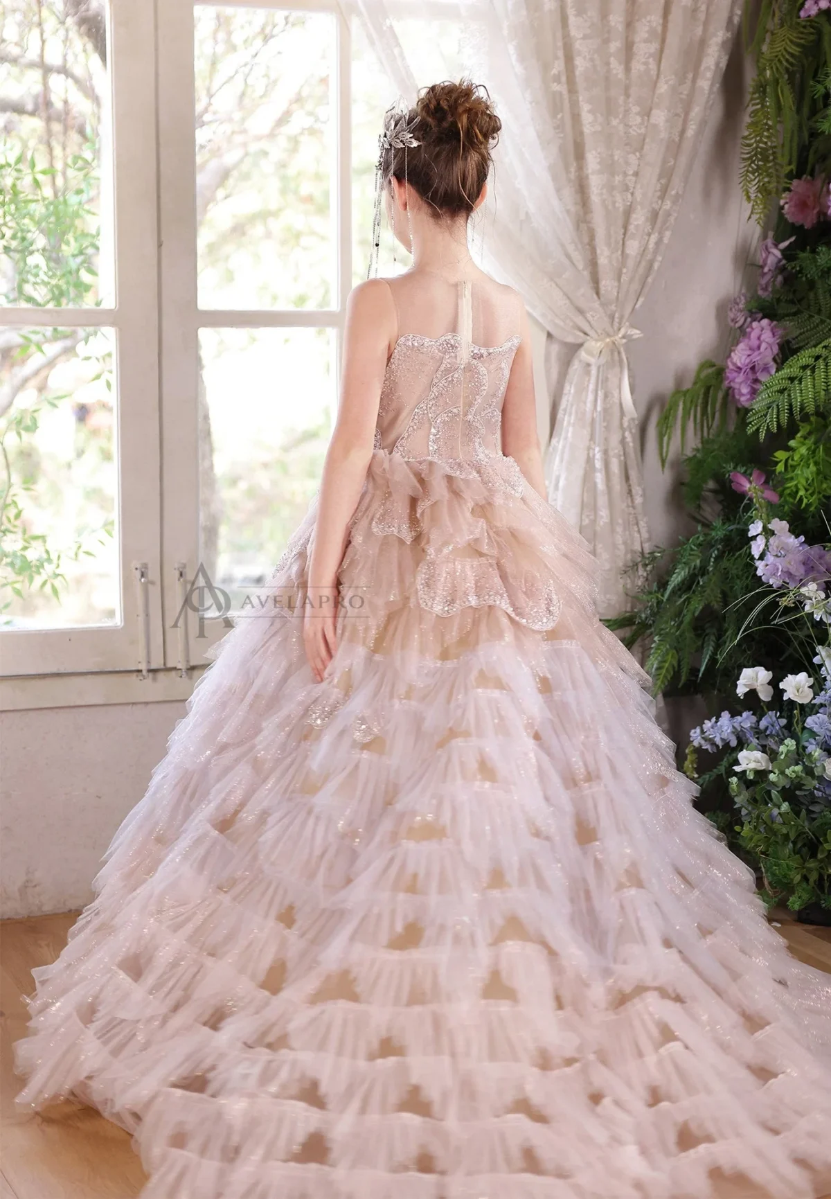 Champagne Flower Girl Dress for Girls Sequin Ruffled Tulle Ball Gown for Wedding