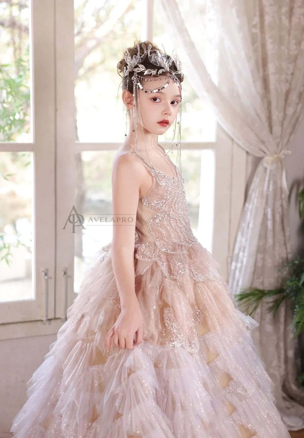 Champagne Flower Girl Dress for Girls Sequin Ruffled Tulle Ball Gown for Wedding
