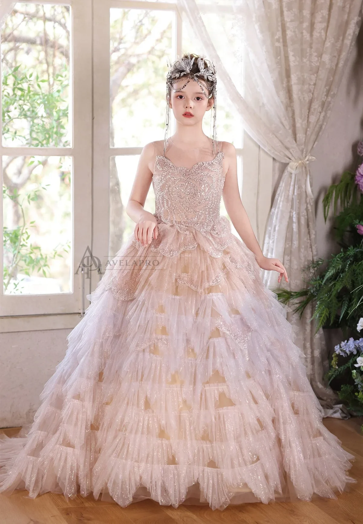 Champagne Flower Girl Dress for Girls Sequin Ruffled Tulle Ball Gown for Wedding