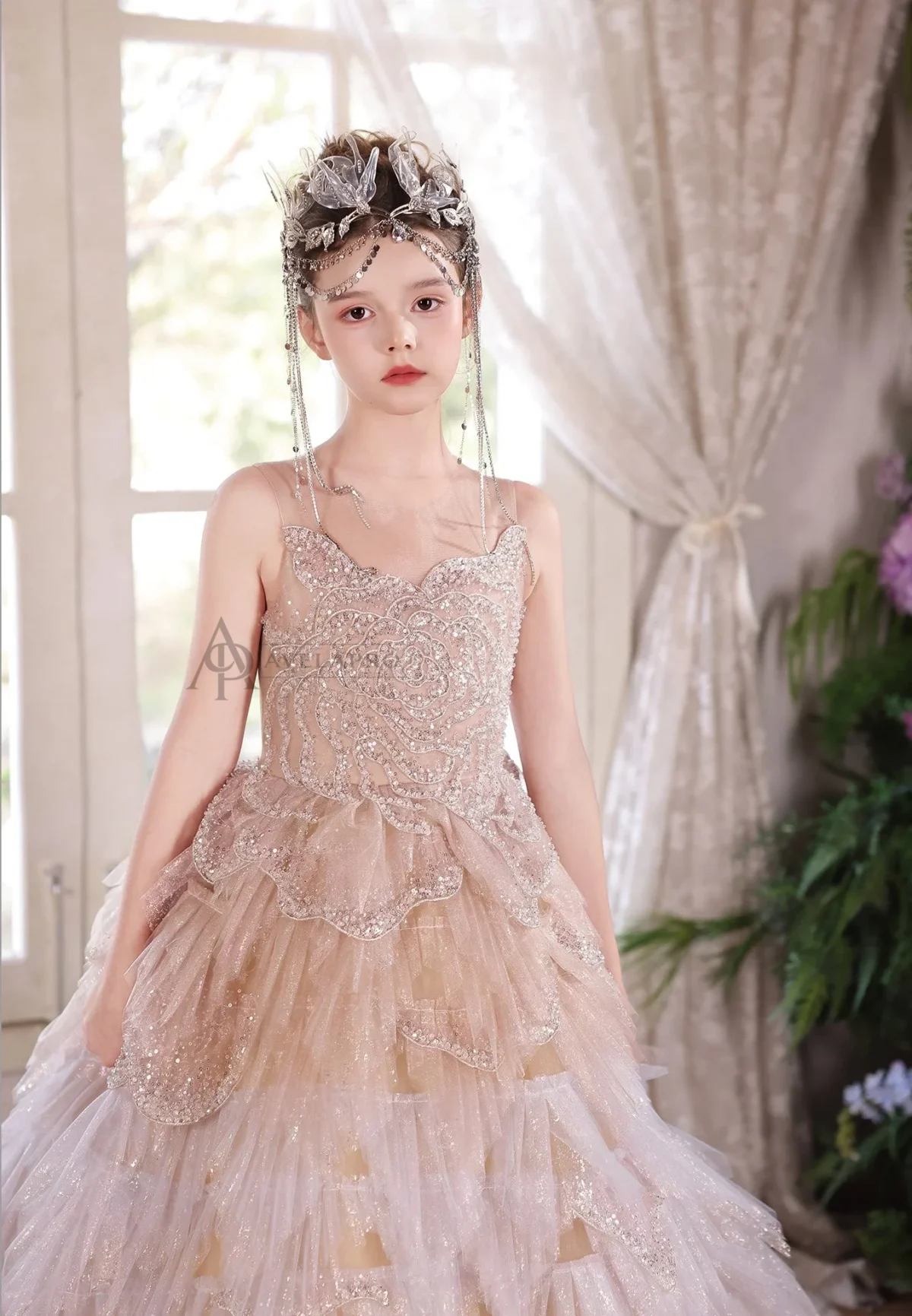 Champagne Flower Girl Dress for Girls Sequin Ruffled Tulle Ball Gown for Wedding